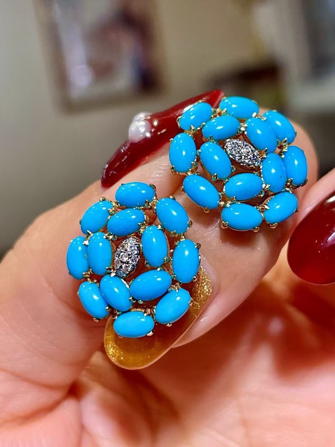 18K Gold Turquoise and Diamond Floral Stud Earrings