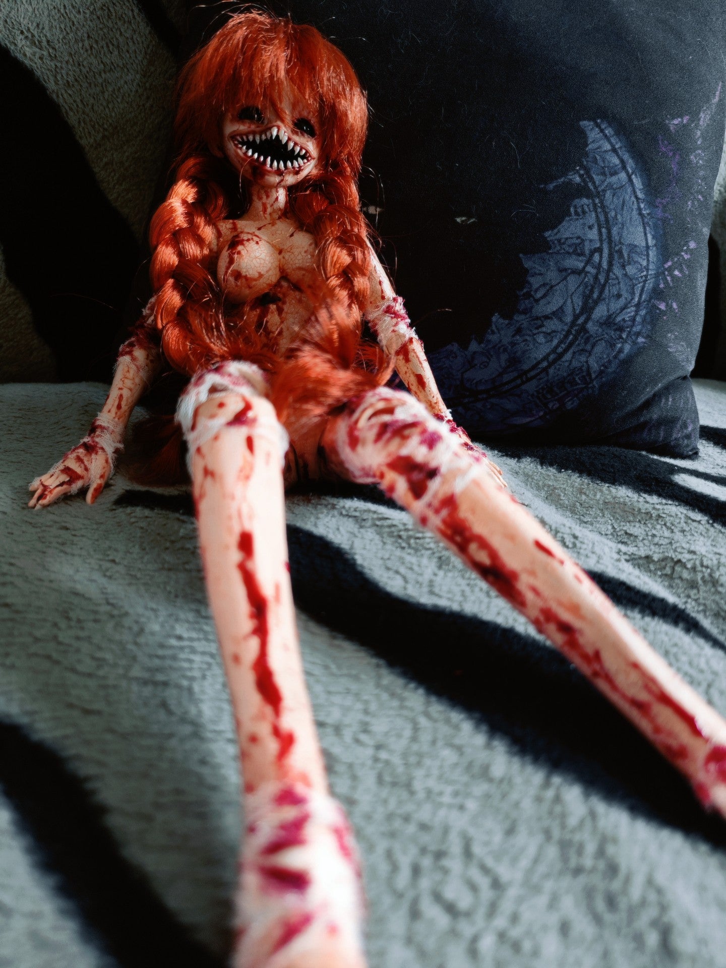 Custom Horror BJD Doll with Cracked Skin and Red Braids