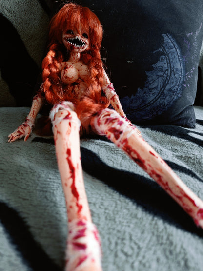 Custom Horror BJD Doll with Cracked Skin and Red Braids