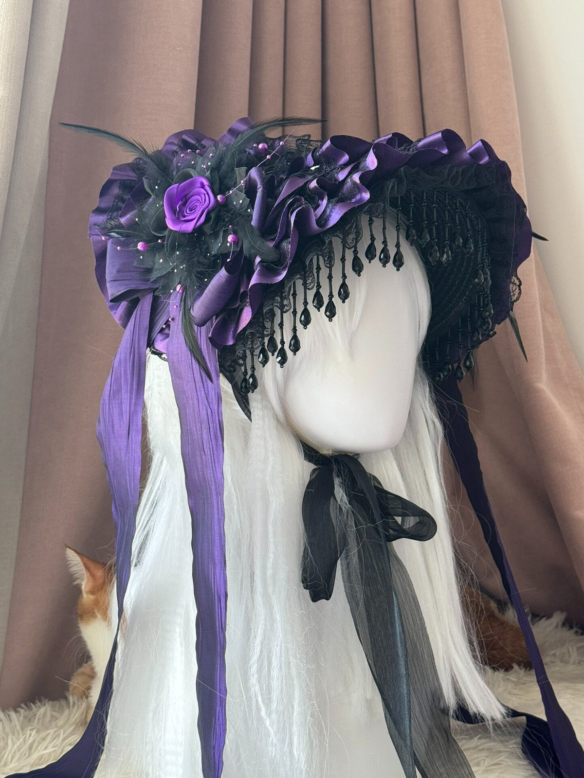 Purple Gothic Lolita Bonnet with Black Beads
