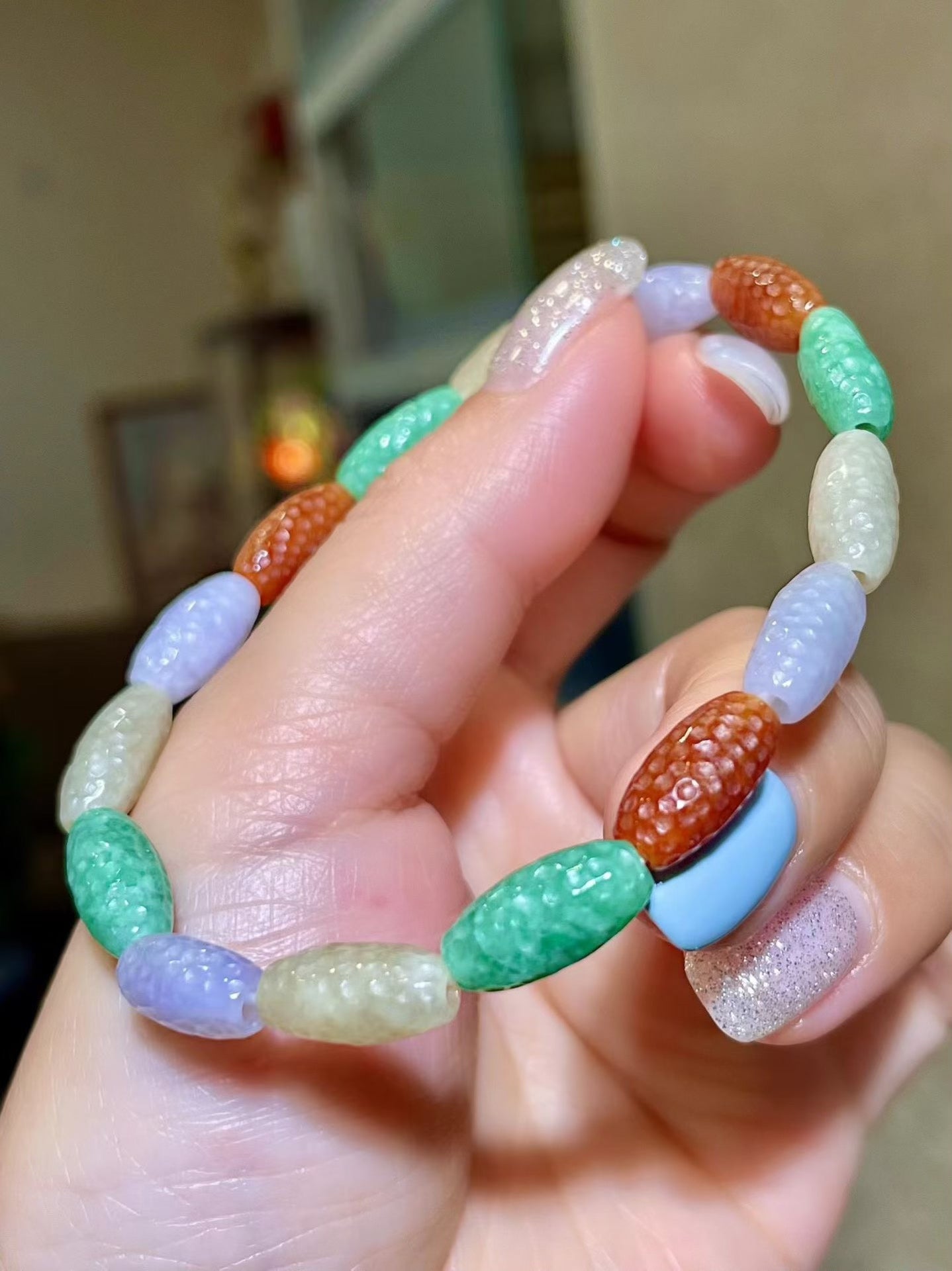 Multi-Color Stippled Jade Bead Bracelet, Capsule Beads 13.5x6.5mm, 13g