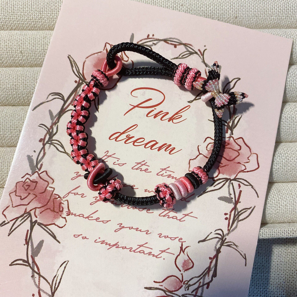 Handcrafted Woven Bracelet Black Pink Butterfly