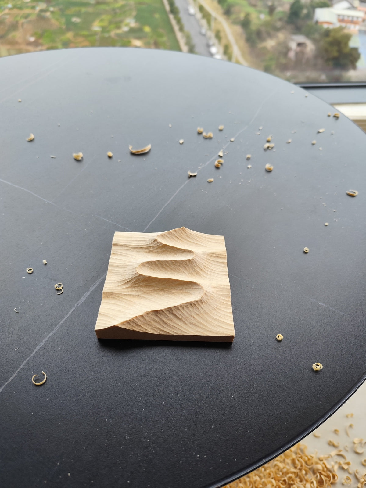 Handcrafted Linden Wood Mountain Relief Sculpture