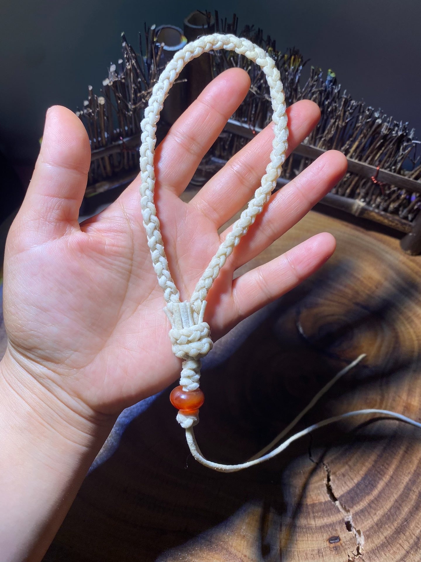 Handwoven Creamy White Rope Keychain with Amber Bead and Pendant