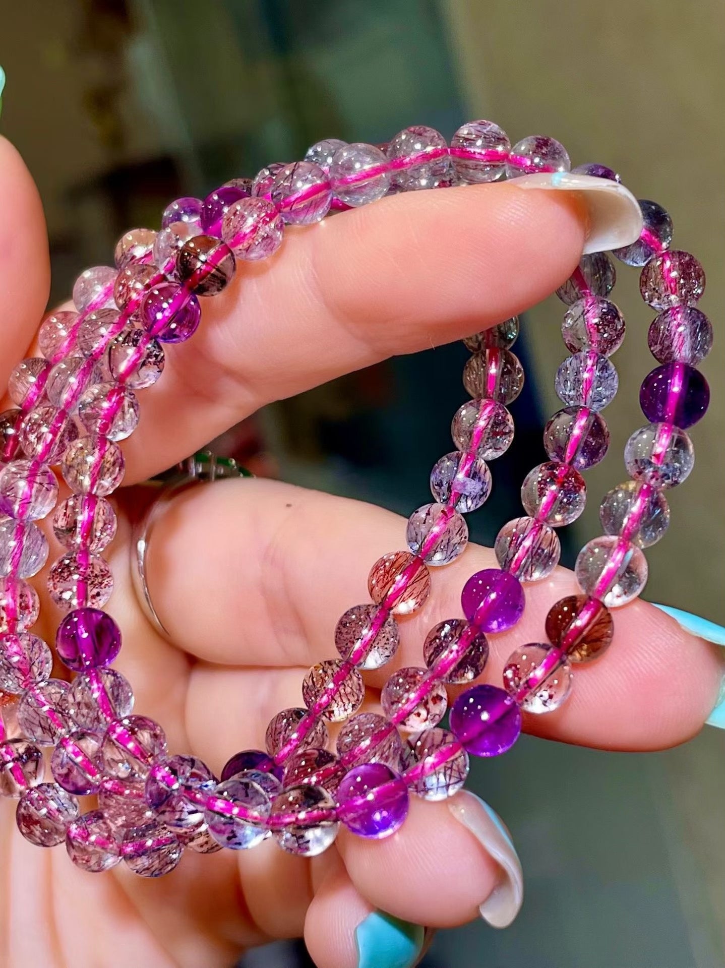 Multi-Strand Gemstone Beaded Bracelet with Pink and Purple Hues, Clear Crystals with Needle-Like Inclusions