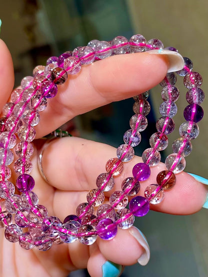 Multi-Strand Gemstone Beaded Bracelet with Pink and Purple Hues, Clear Crystals with Needle-Like Inclusions