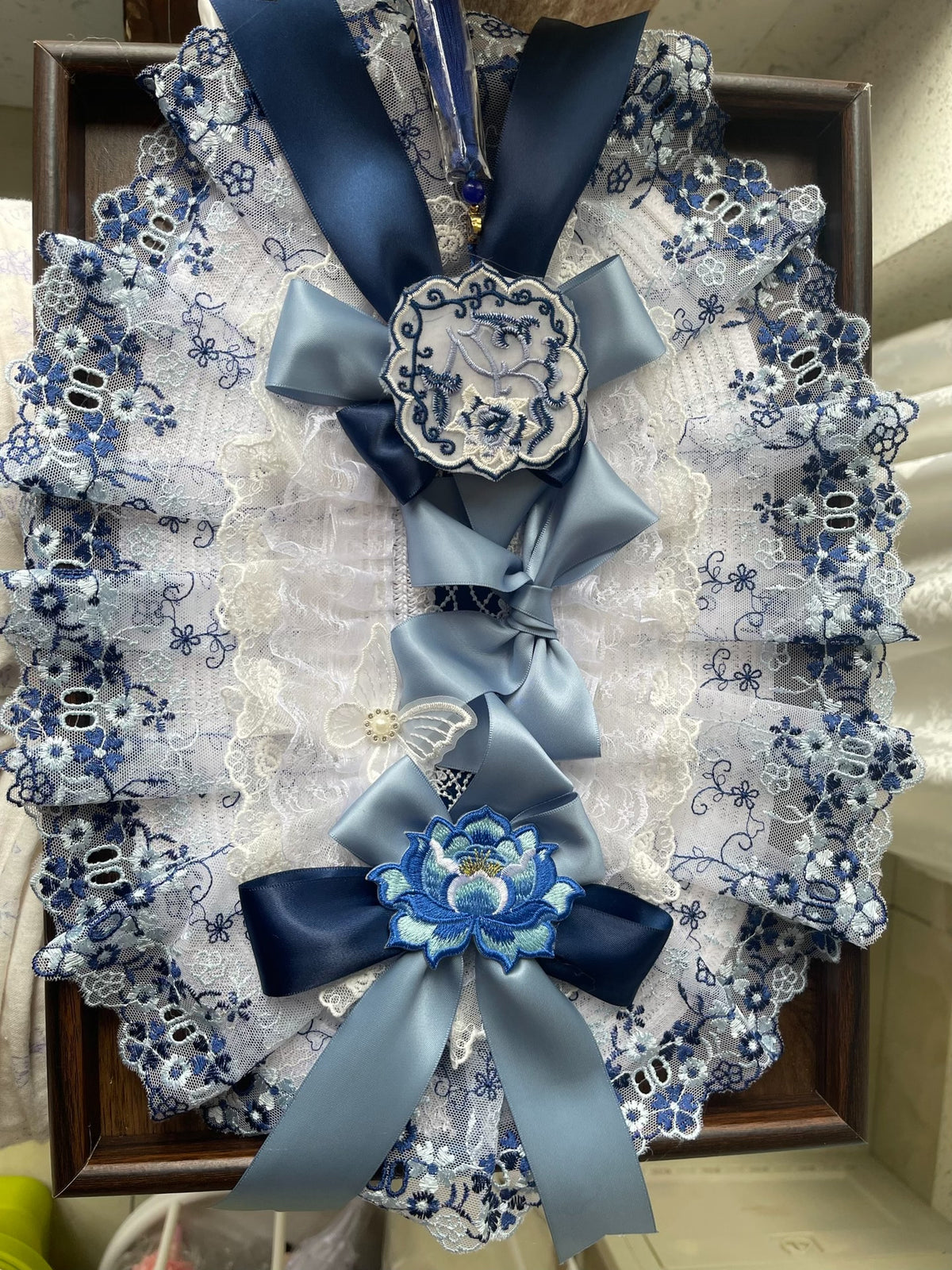Lolita Blue White Lace Flat Bonnet