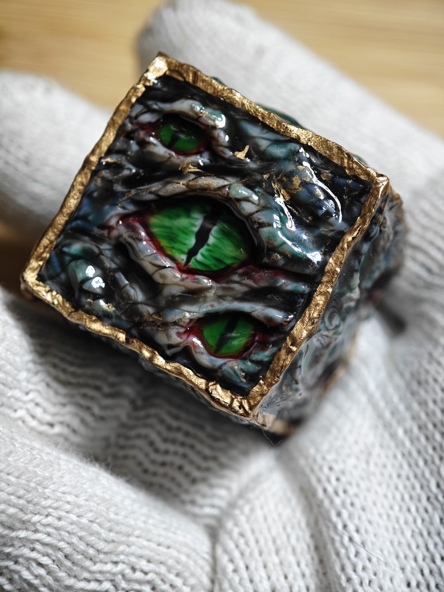 Custom Handmade Resin d20 Die with Snake Eye and Gold Leaf Design