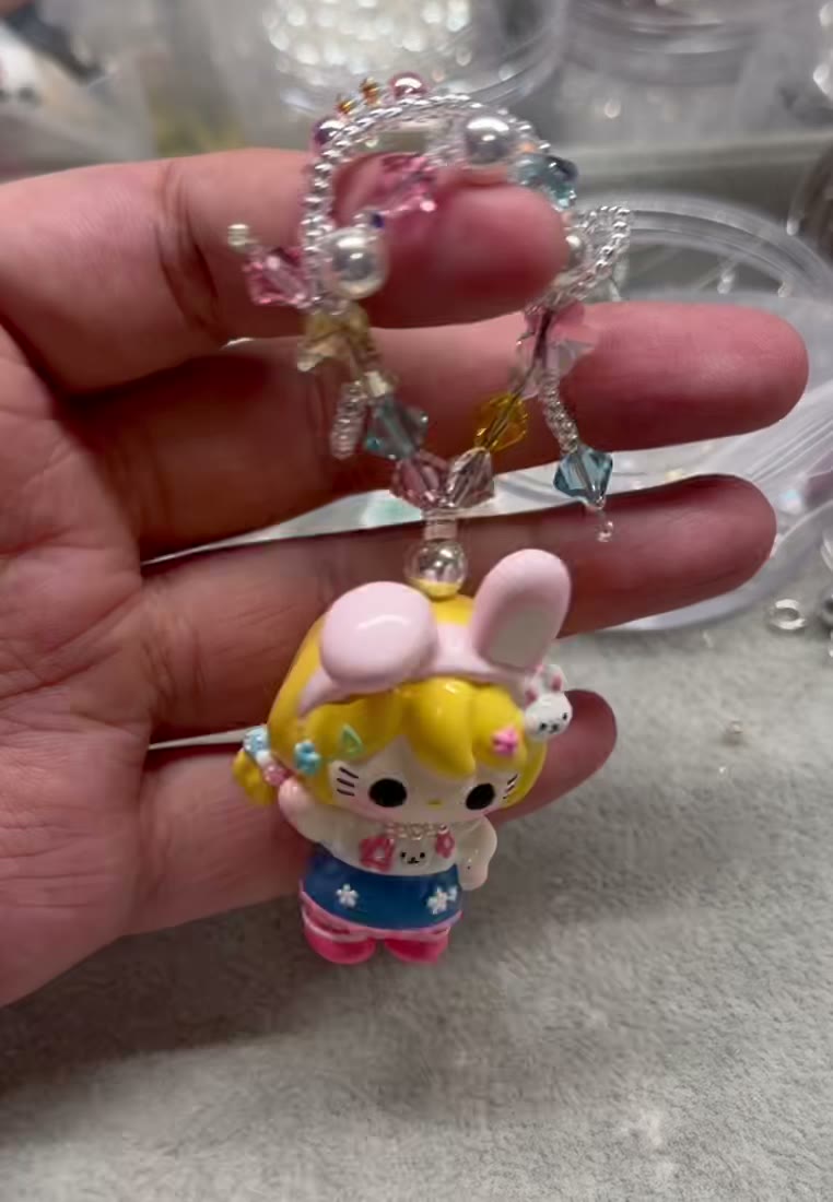 Handmade Beaded Phone Strap with Rabbit Girl Figurine