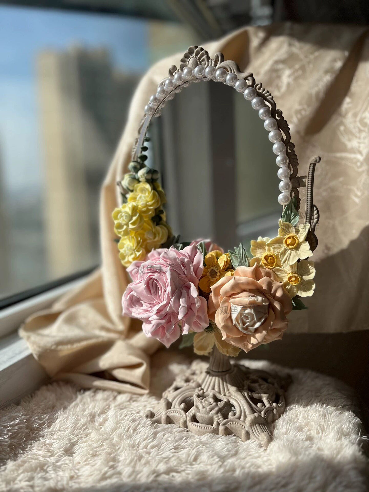 Clay Flower Pearl Oval Vanity Mirror