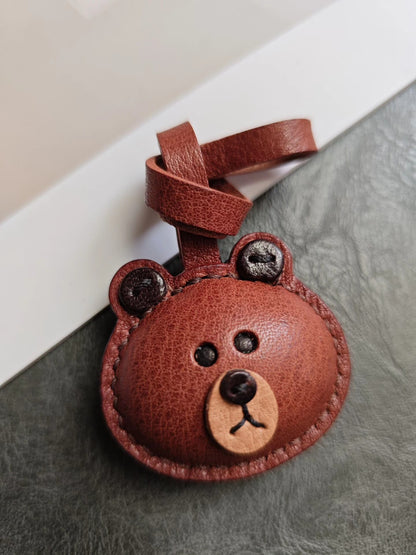 Hand-Stitched Brown Bear Head Leather Keychain Bag Charm
