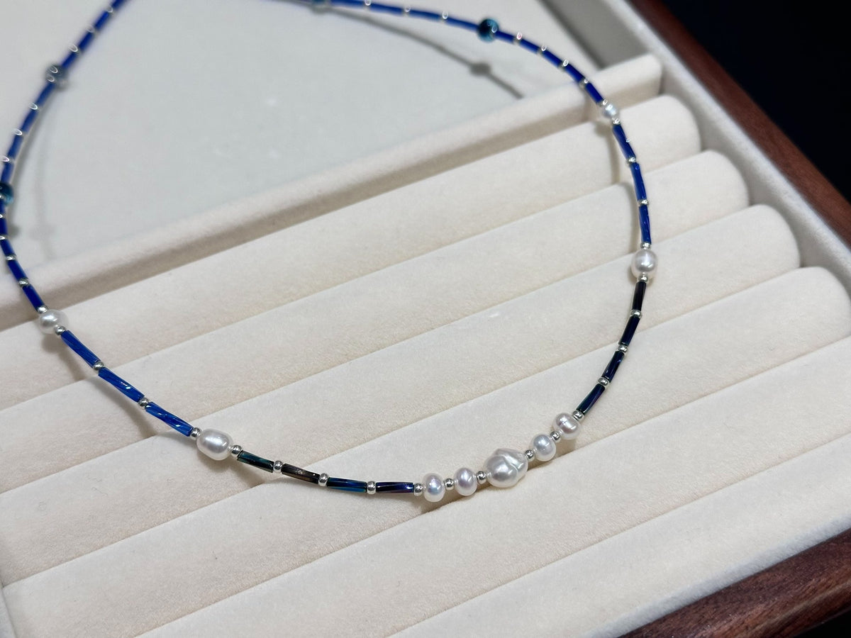 Handmade Blue Miyuki Beaded Pearl Necklace