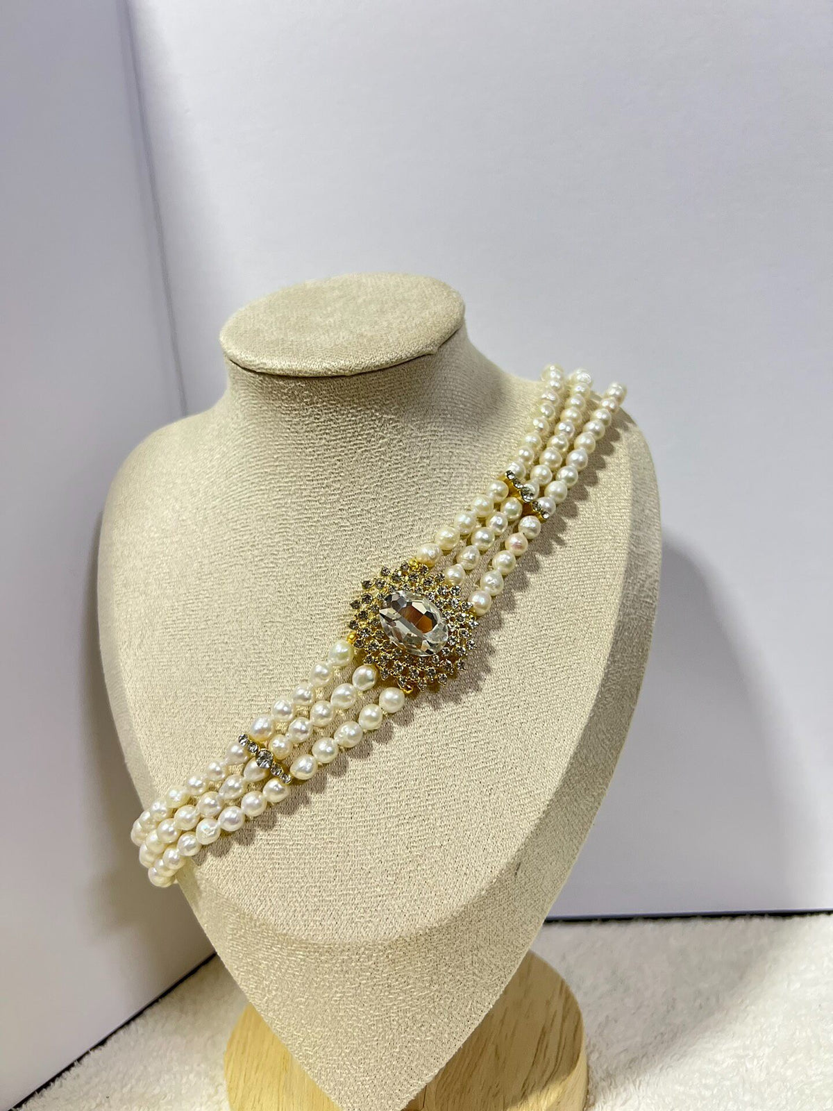 Three Strand Pearl Necklace Rhinestone Centerpiece