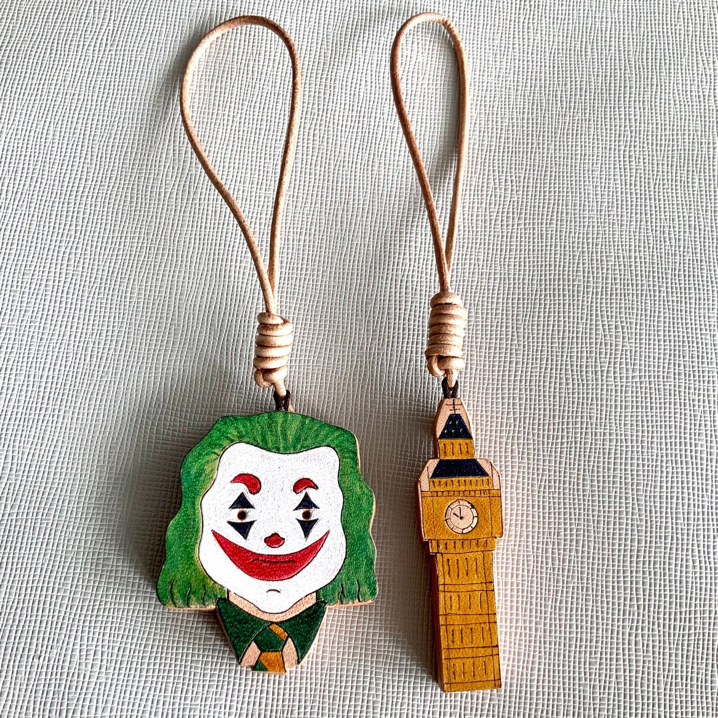 Hand-Painted Leather Joker & Clock Tower Charms for Bag, Key, or Journal