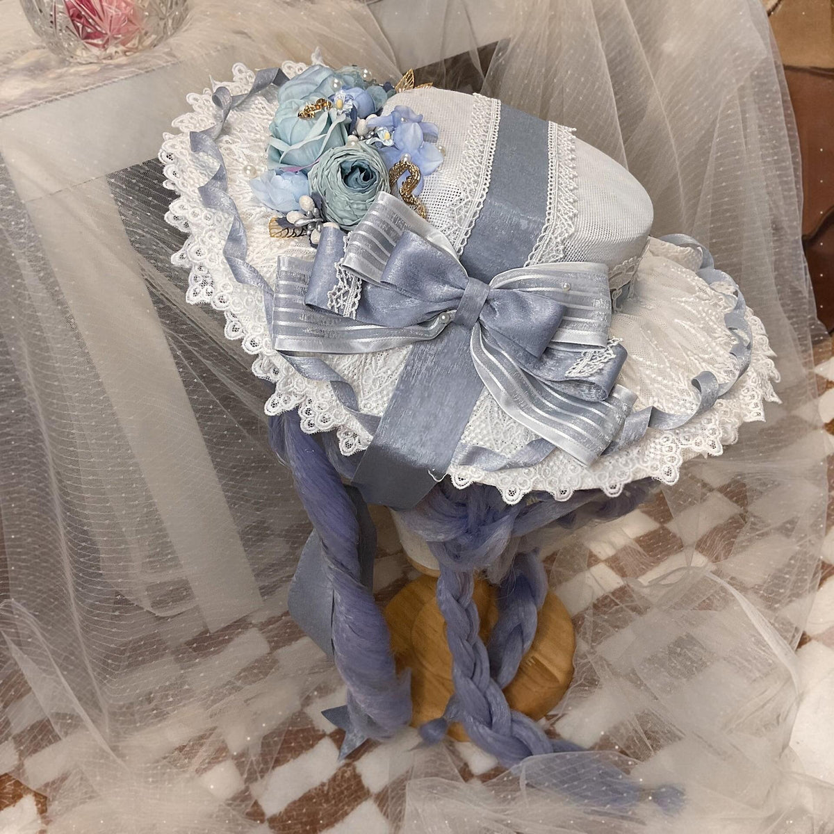 Lolita Flat Hat Pseudo Bonnet Dusty Blue Lace