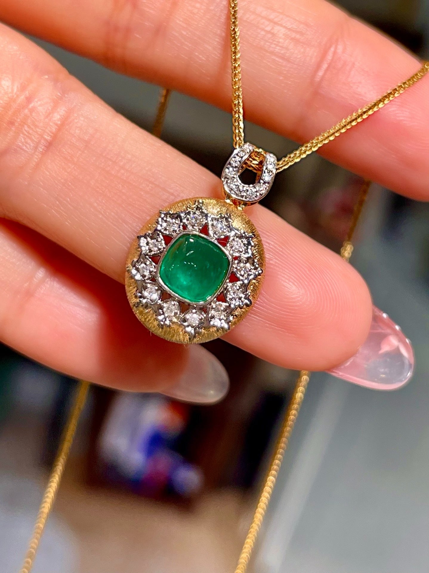 18K Gold Cushion-Cut Emerald and Diamond Pendant with Brushed Finish