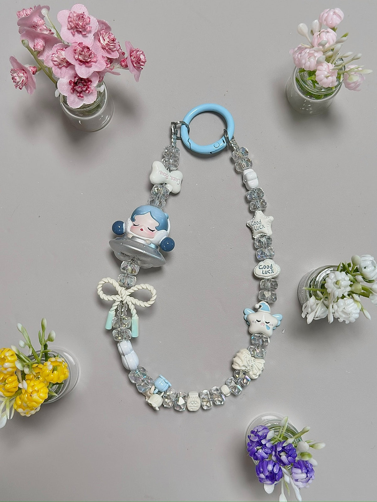 Blue Beaded Doll Charm Phone Chain