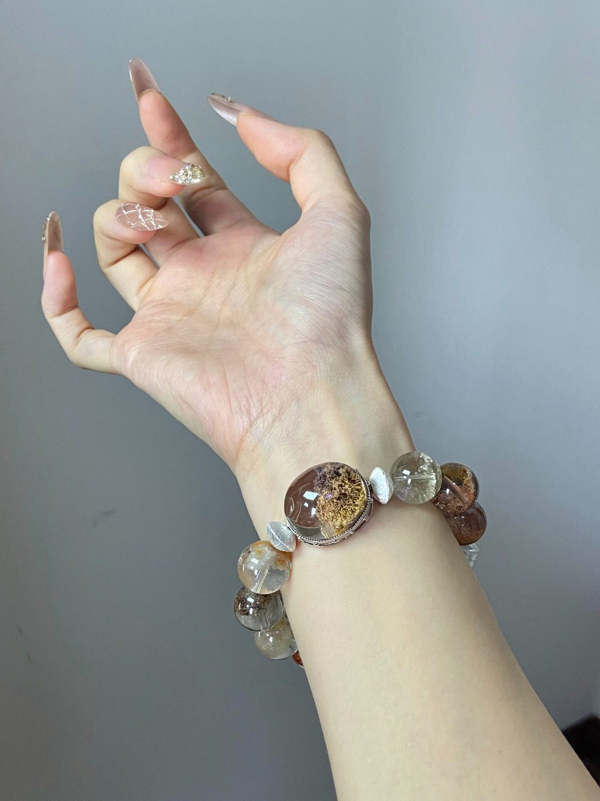 Phantom Quartz Beaded Bracelet with Silver Charm