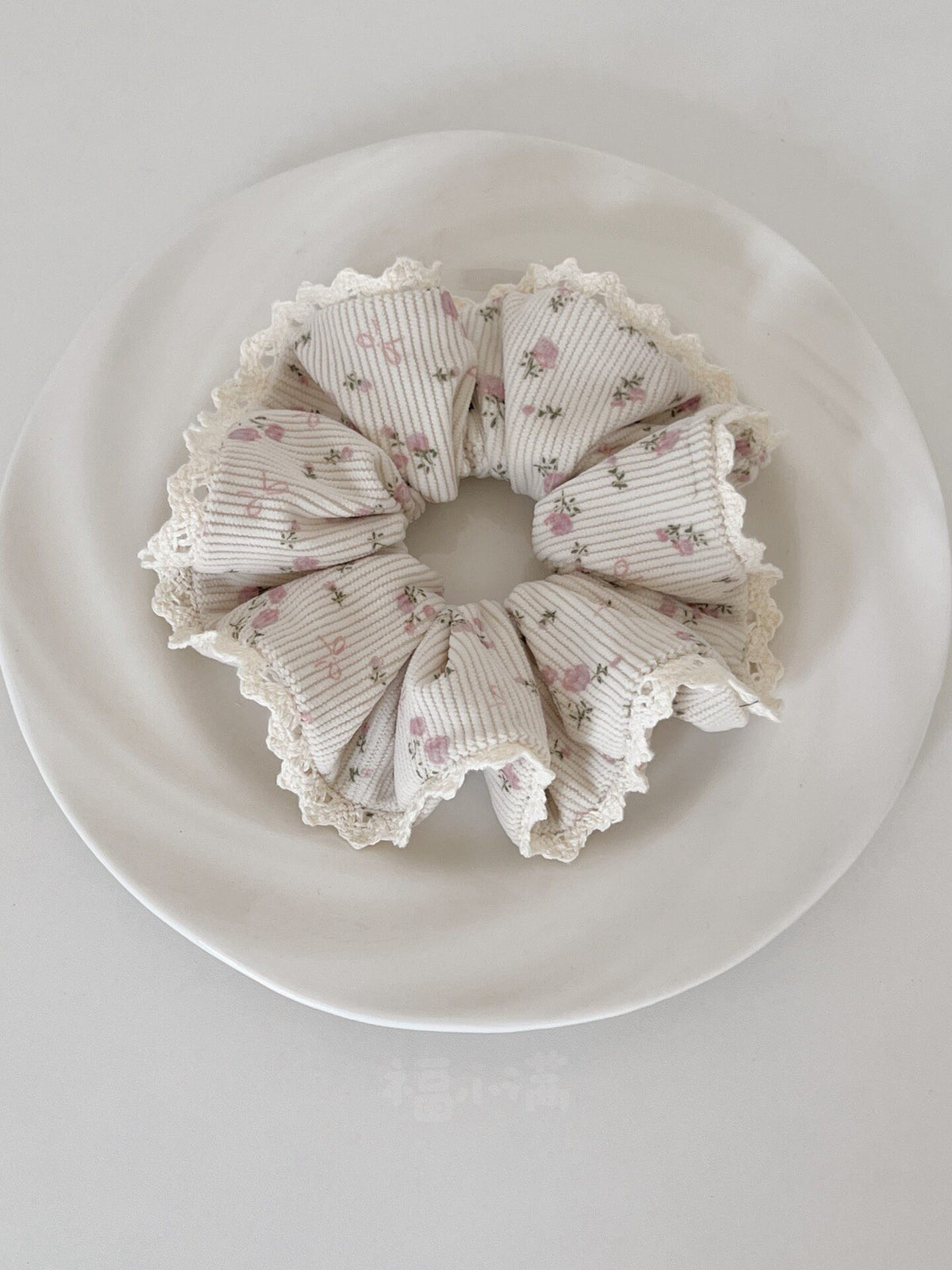 Beige Corduroy Floral Lace Scrunchie
