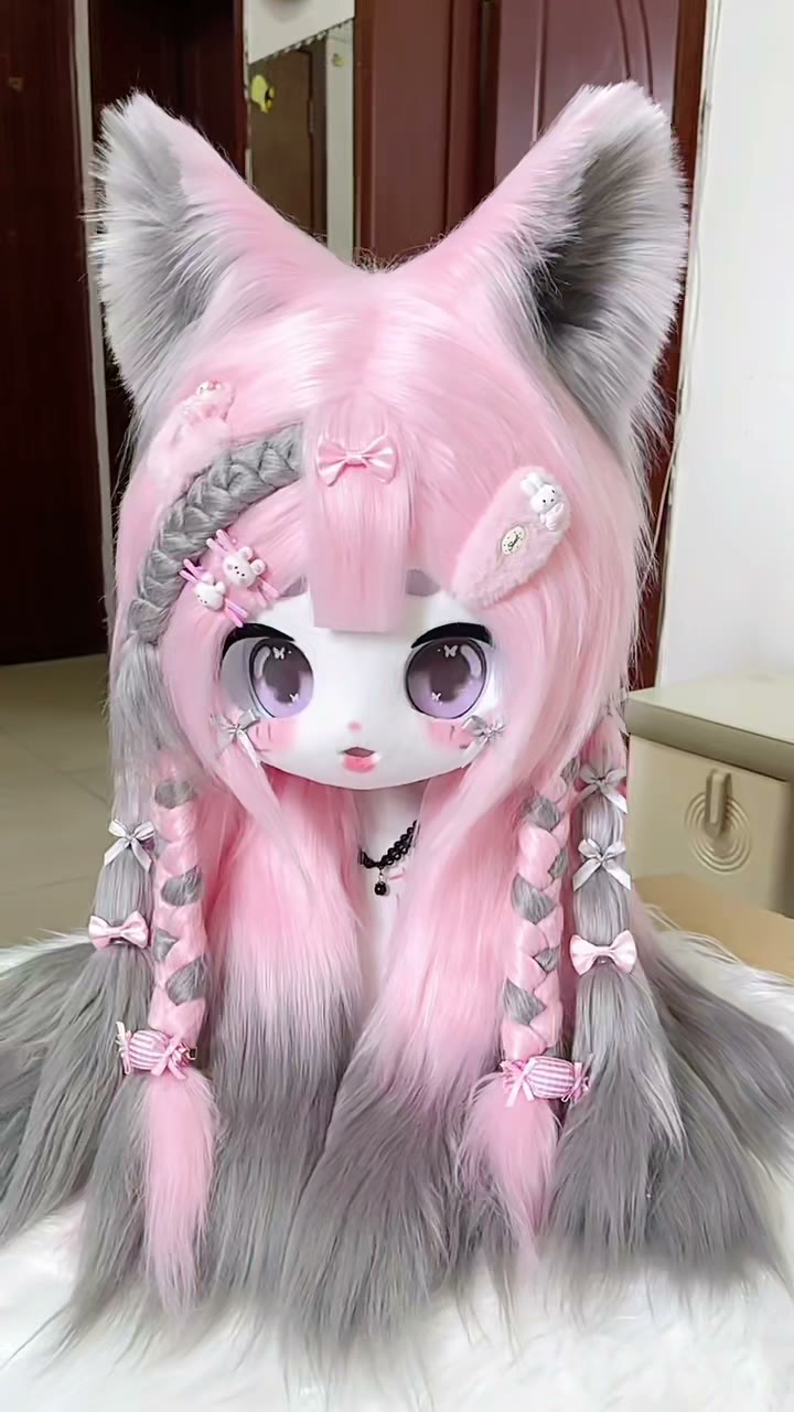 Coiffe de loup et renard en peluche rose pastel