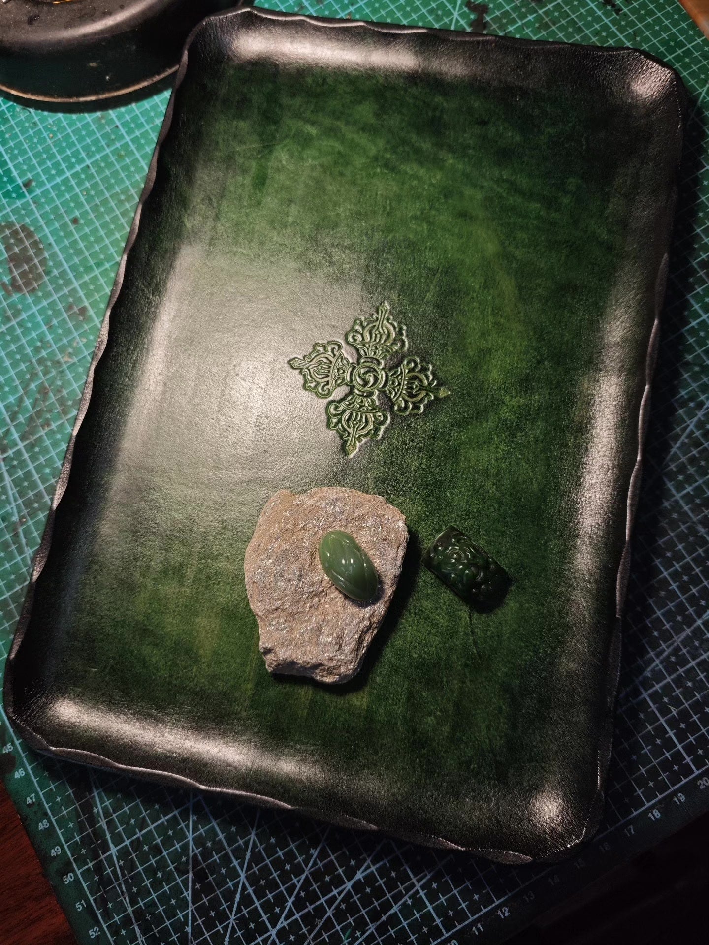 Emerald Green Leather Tray with Embossed Vajra Design