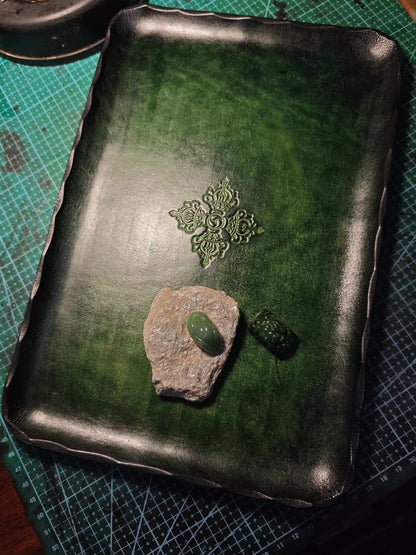 Emerald Green Leather Tray with Embossed Vajra Design