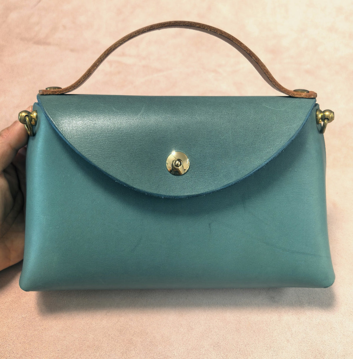 Vegetable Tanned Leather Phone Bag with Turquoise Finish