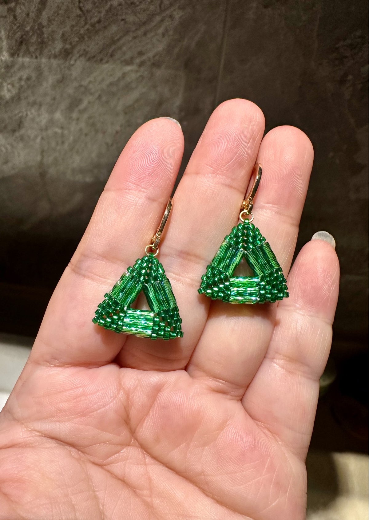 Handcrafted Emerald Green Beaded Triangle Earrings