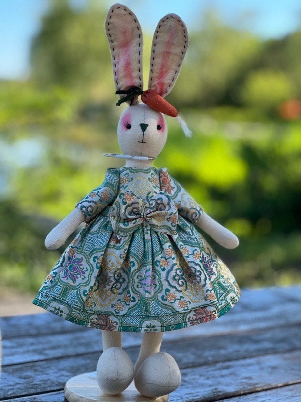 Handmade Fabric Rabbit Doll with Brocade Dress