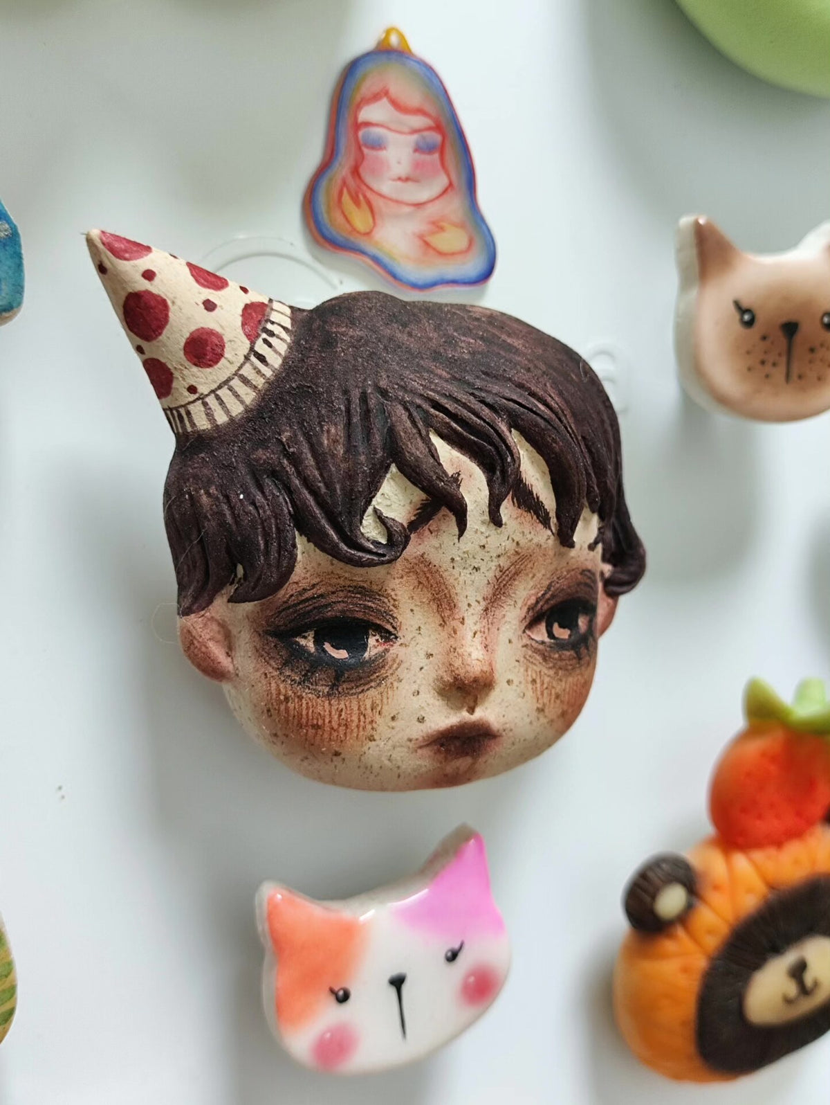 Stone Plastic Clay Doll Head Brooch Magnet