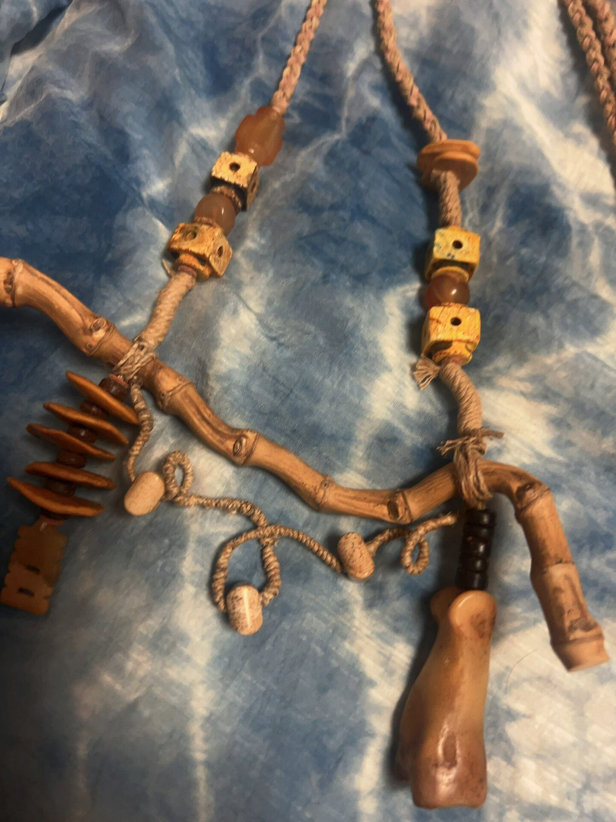 Handwoven Bamboo Root Necklace with Bone Pendant