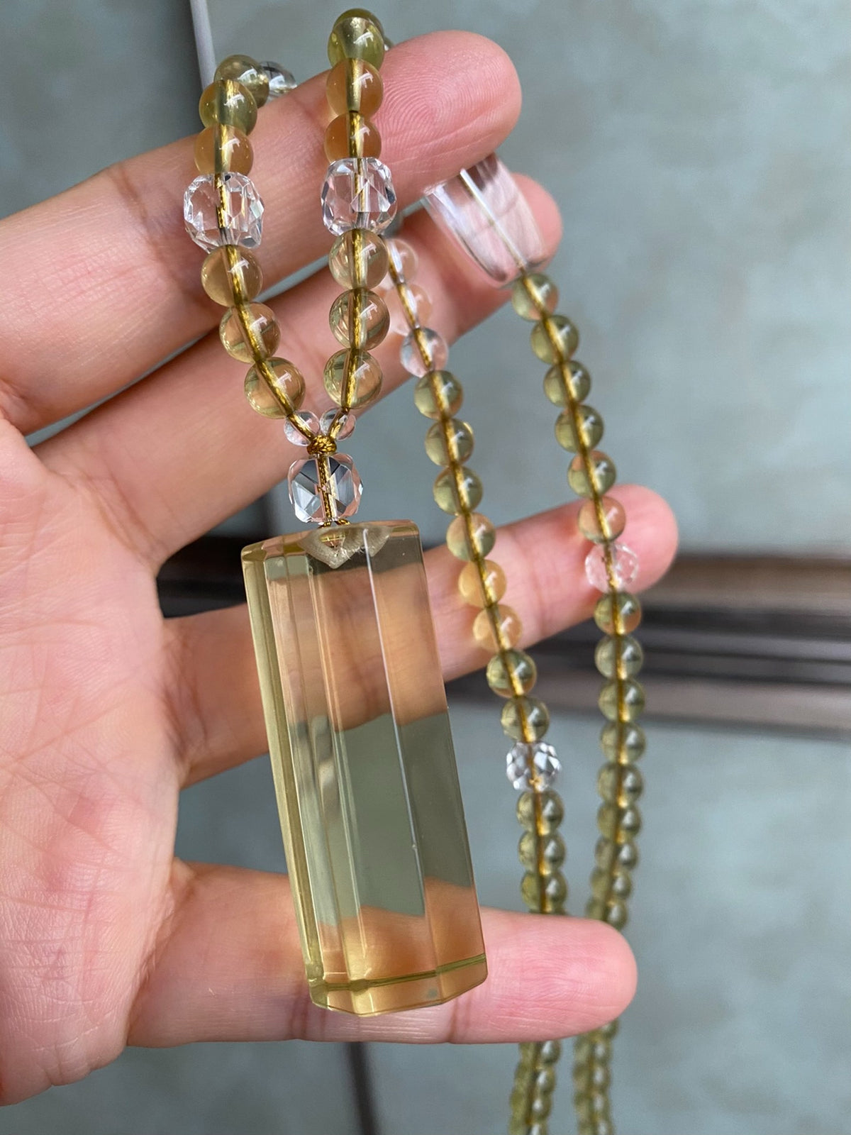 Lemon Yellow Crystal Necklace with Column Pendant