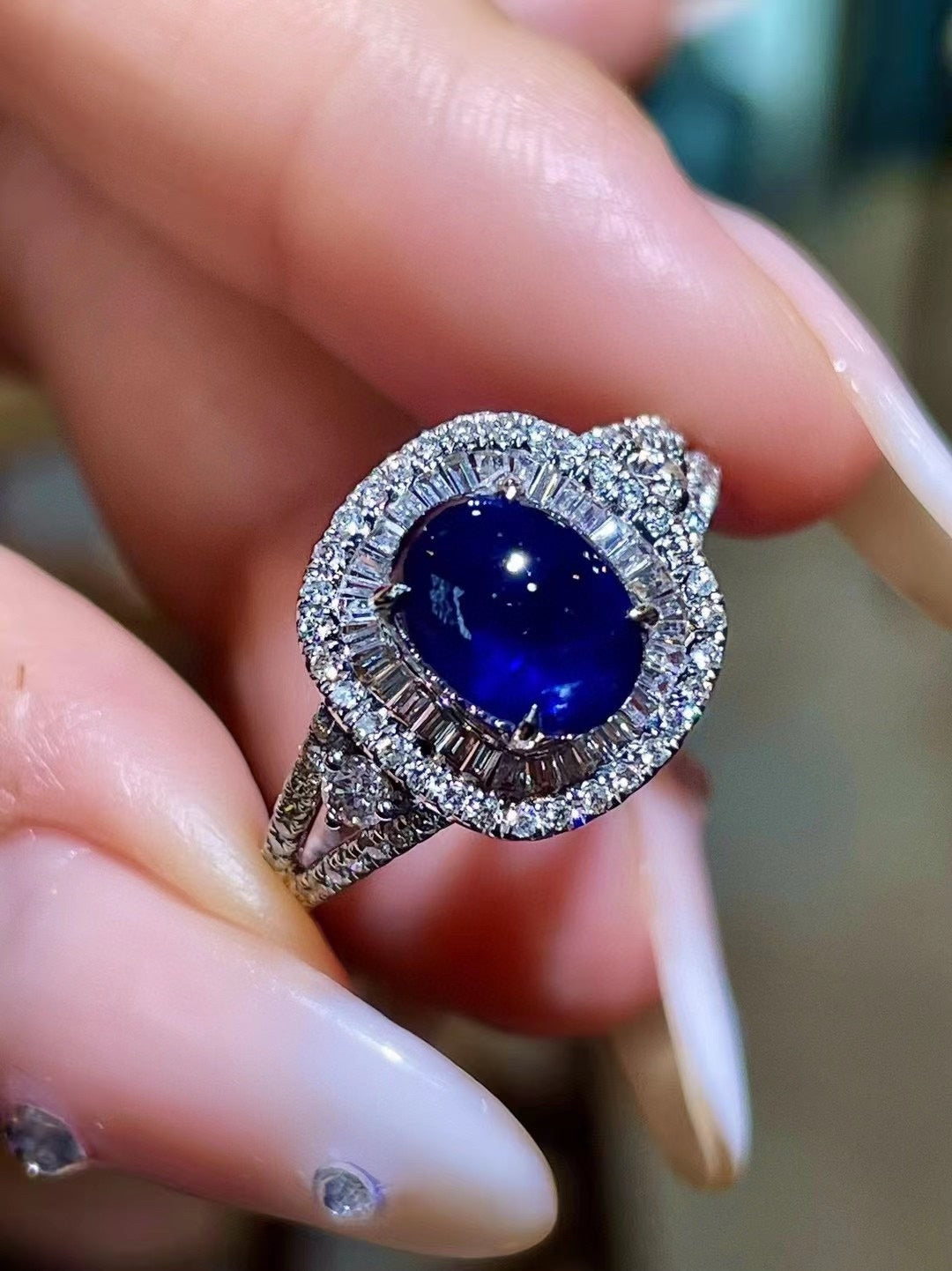 1.91ct Oval Cabochon Sapphire Double Halo Diamond Ring in 18K Gold