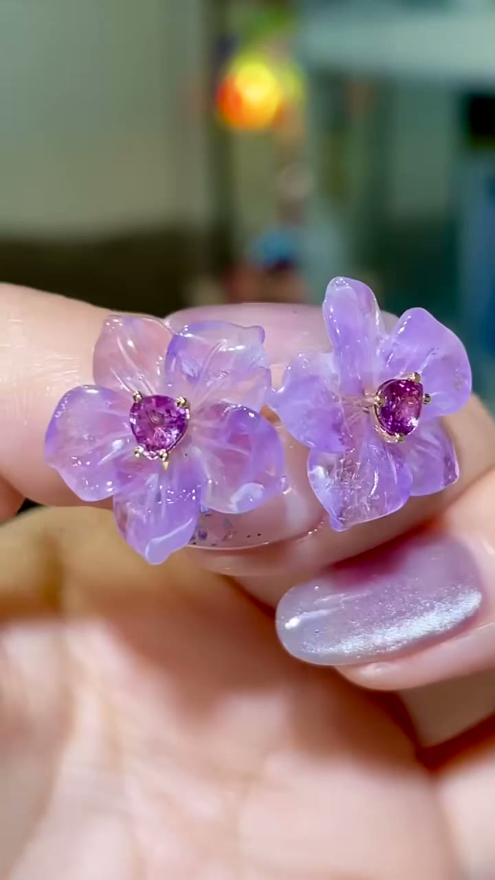 Amethyst Floral Stud Earrings with Sapphire Center