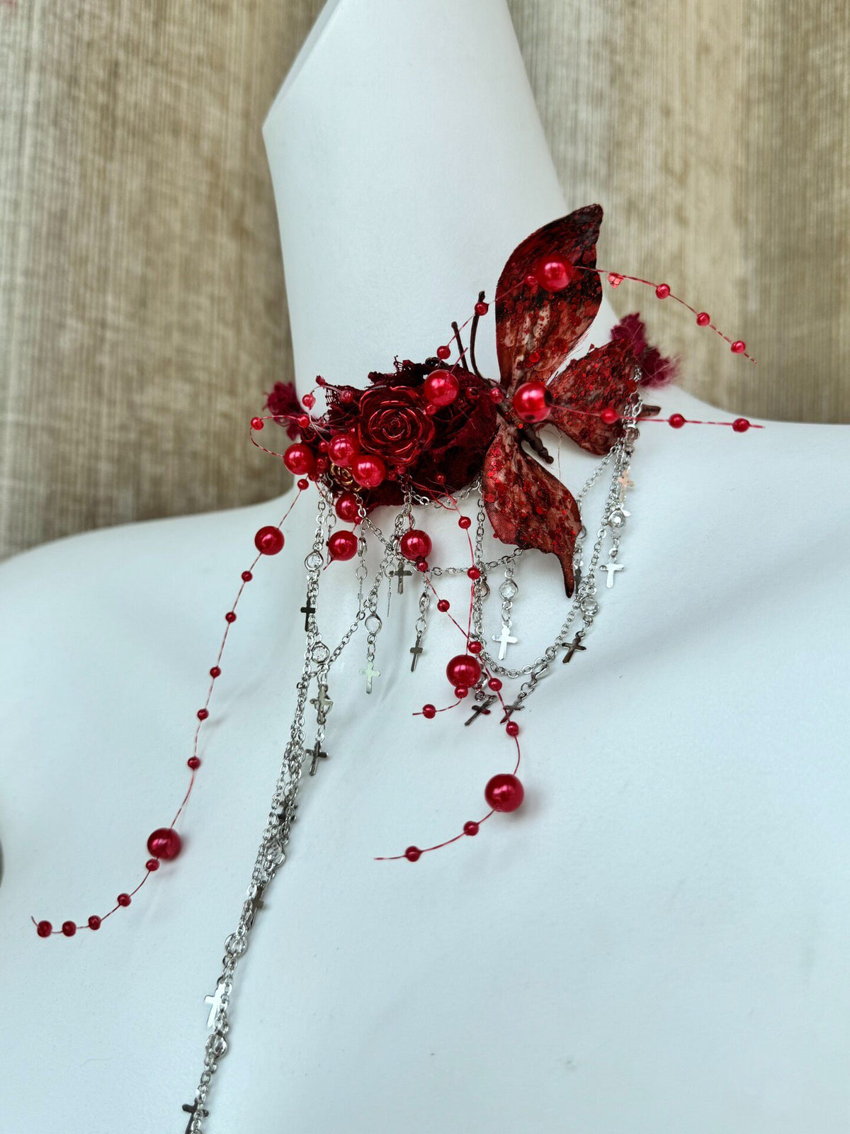 Handcrafted Gothic Choker Necklace Blood Red Butterfly