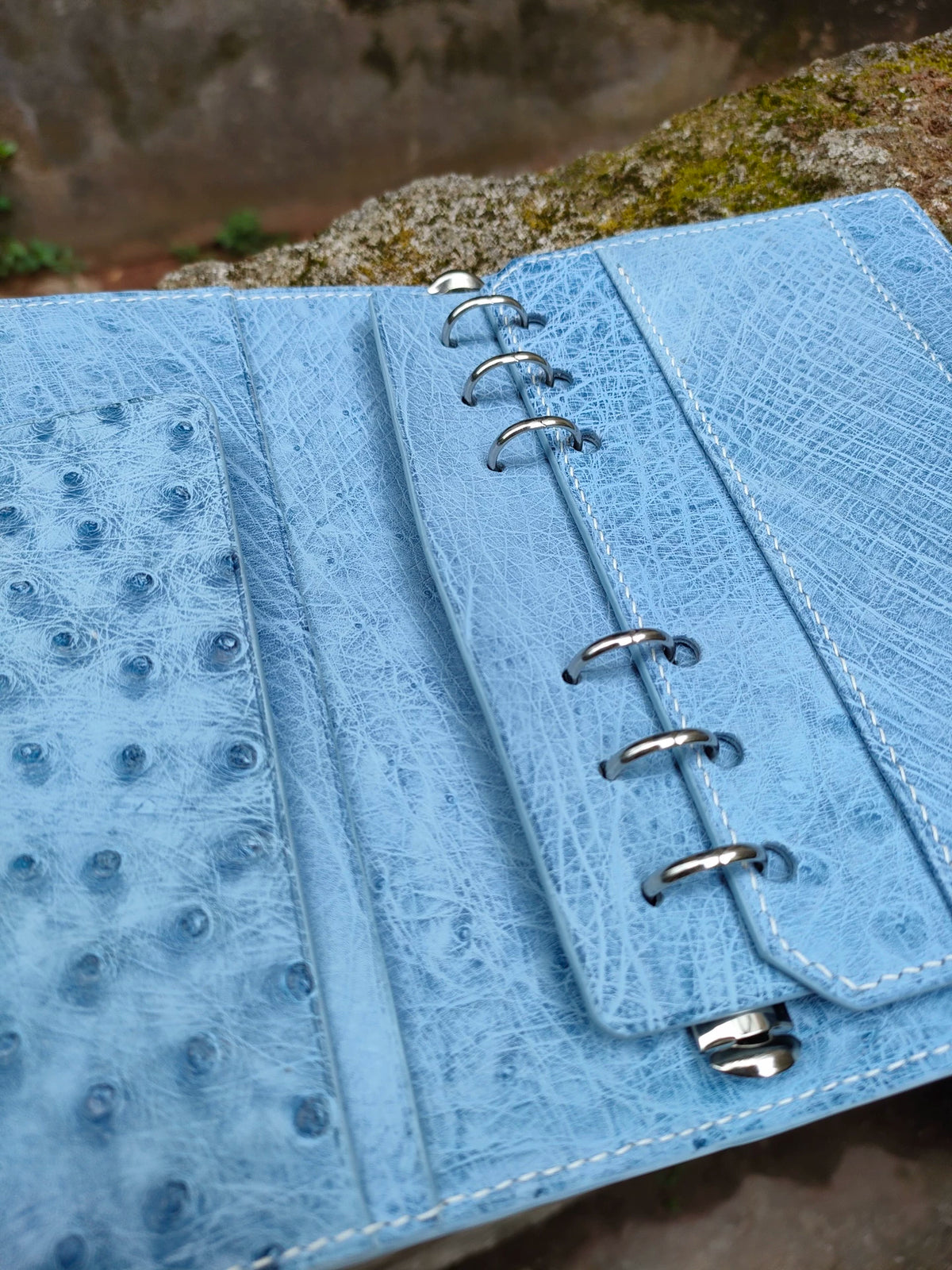 Ostrich Leather A6 Slim Planner Binder Denim Blue