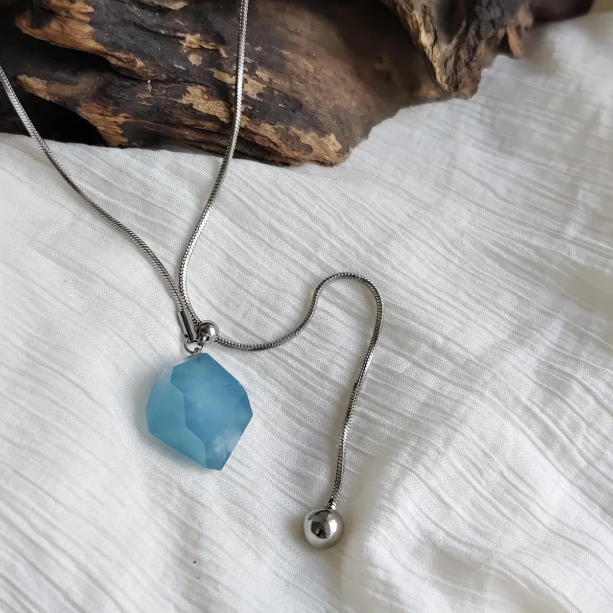 Raw Cut Aquamarine Pendant Necklace Titanium Steel Chain