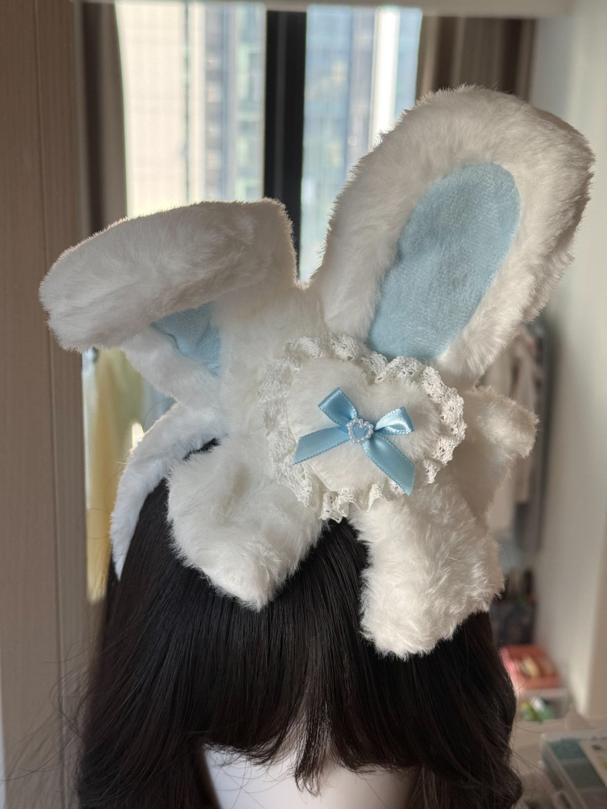 White Plush Rabbit Ear Headband with Blue Bow