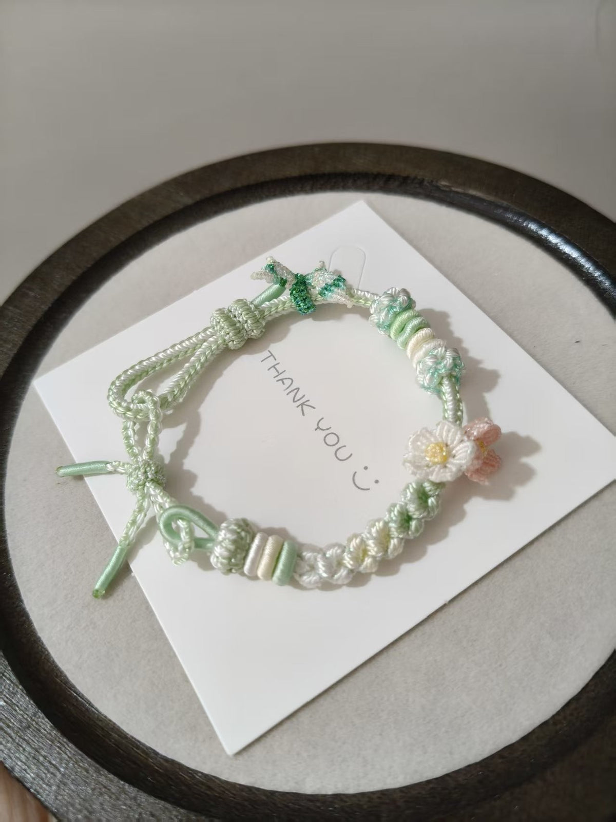 Handmade Mint Green Woven Bracelet with Flowers