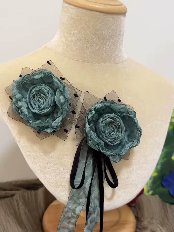 Handmade Fabric Rose Brooch Teal Tulle
