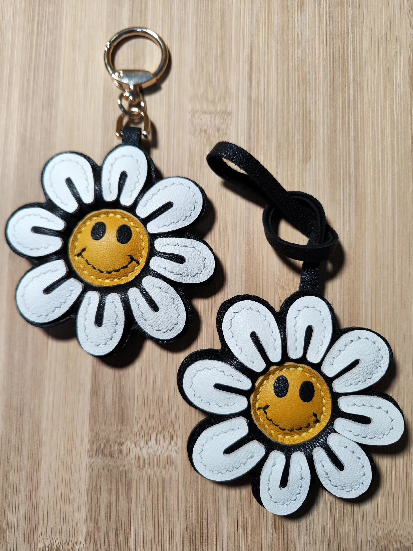 Leather Sunflower Smiley Face Keychain with Metal Ring