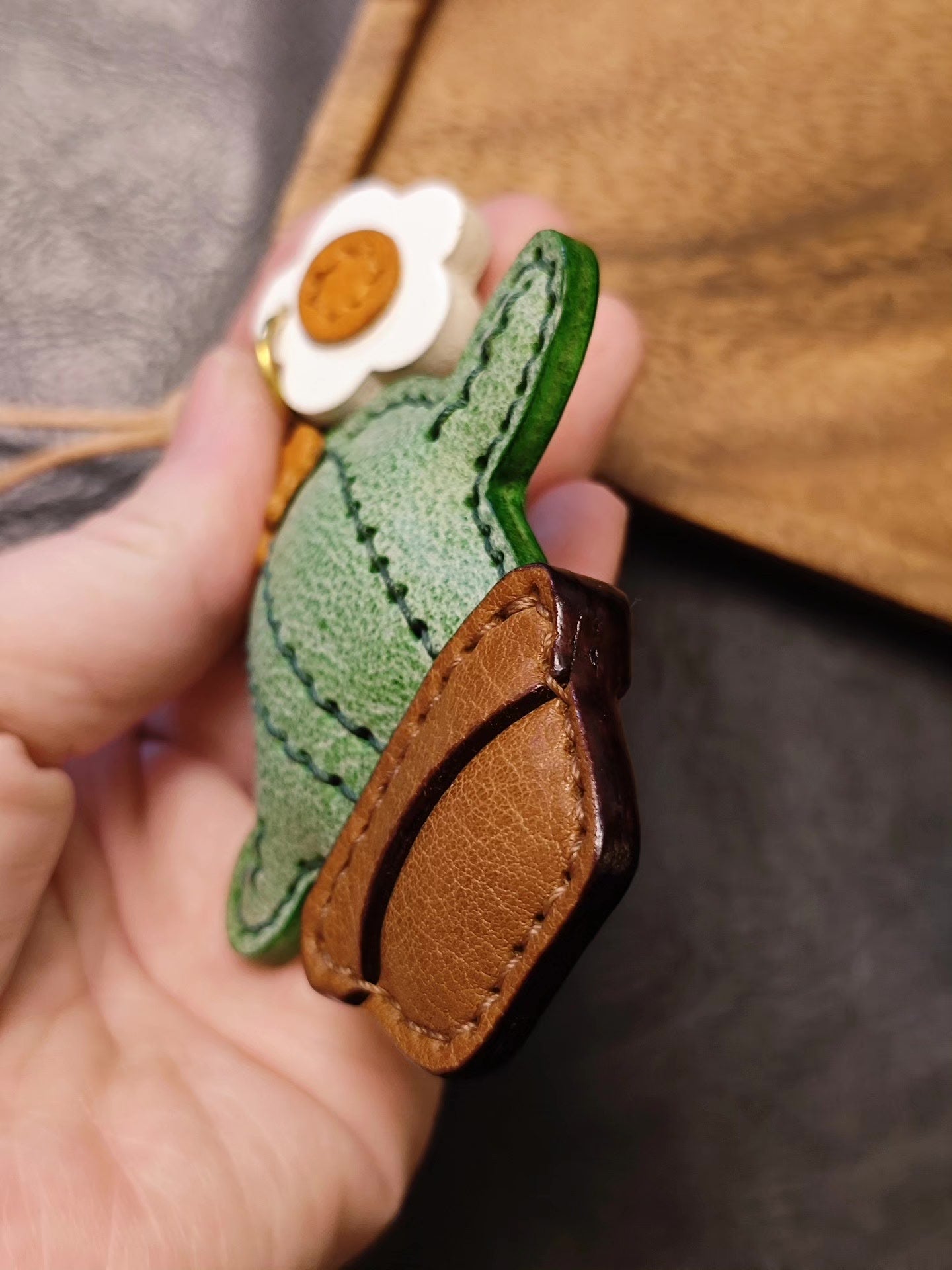 Handcrafted Cactus Leather Keychain with Flower Charms