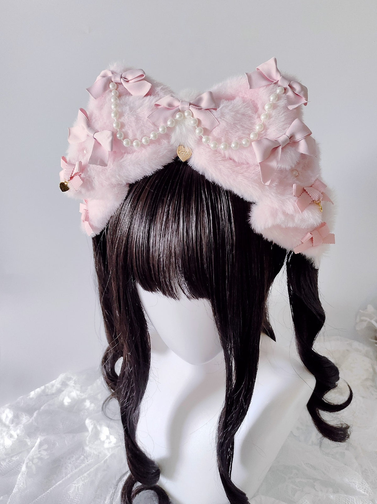 Plush Bow Lolita Headband with Pearl Decor