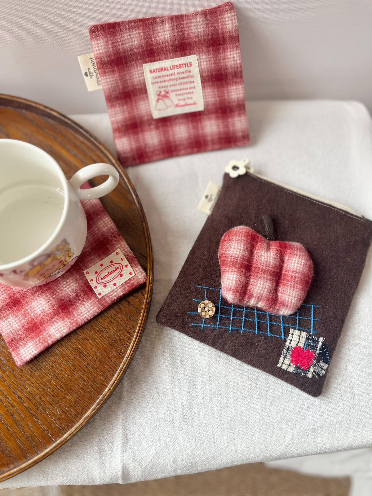 Handmade Apple Pouch with Red Plaid Cup Mats