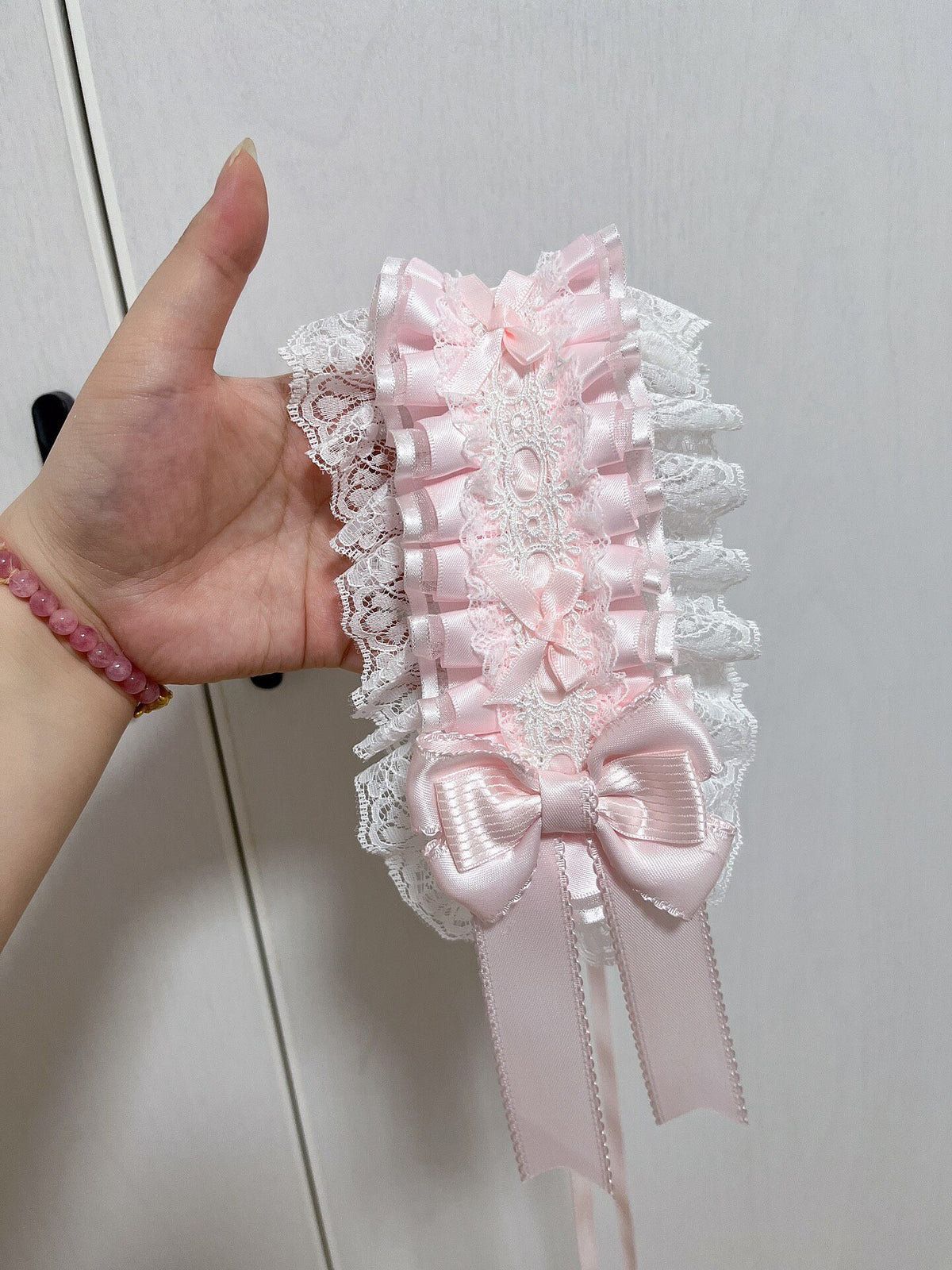 Pink Lace Lolita Headband with Satin Bows