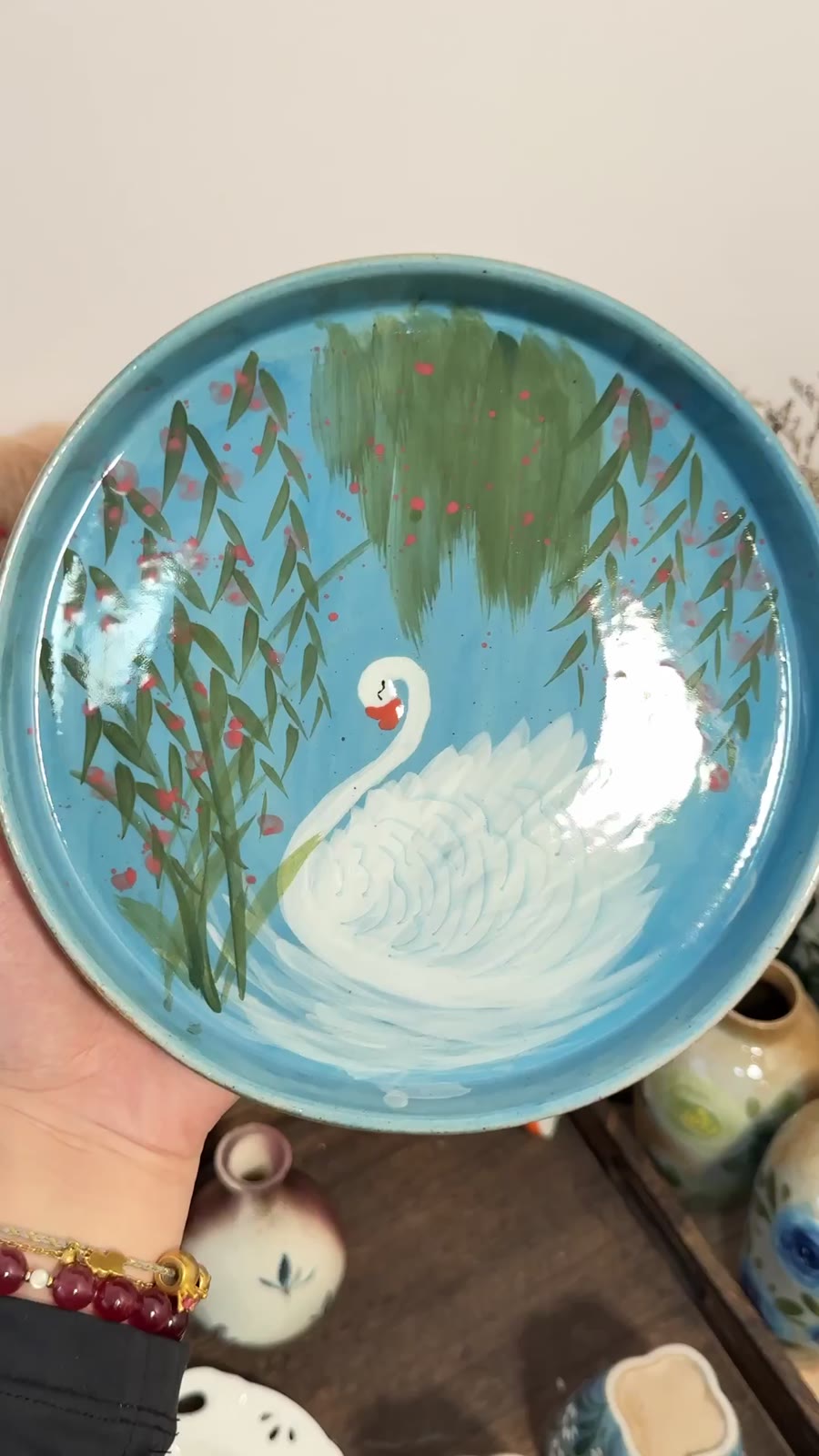 手描き 陶器プレート スワンデザイン