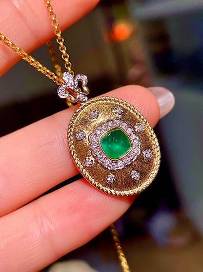 18K Gold Emerald and Diamond Pendant with Cushion-Cut 0.87-Carat Emerald