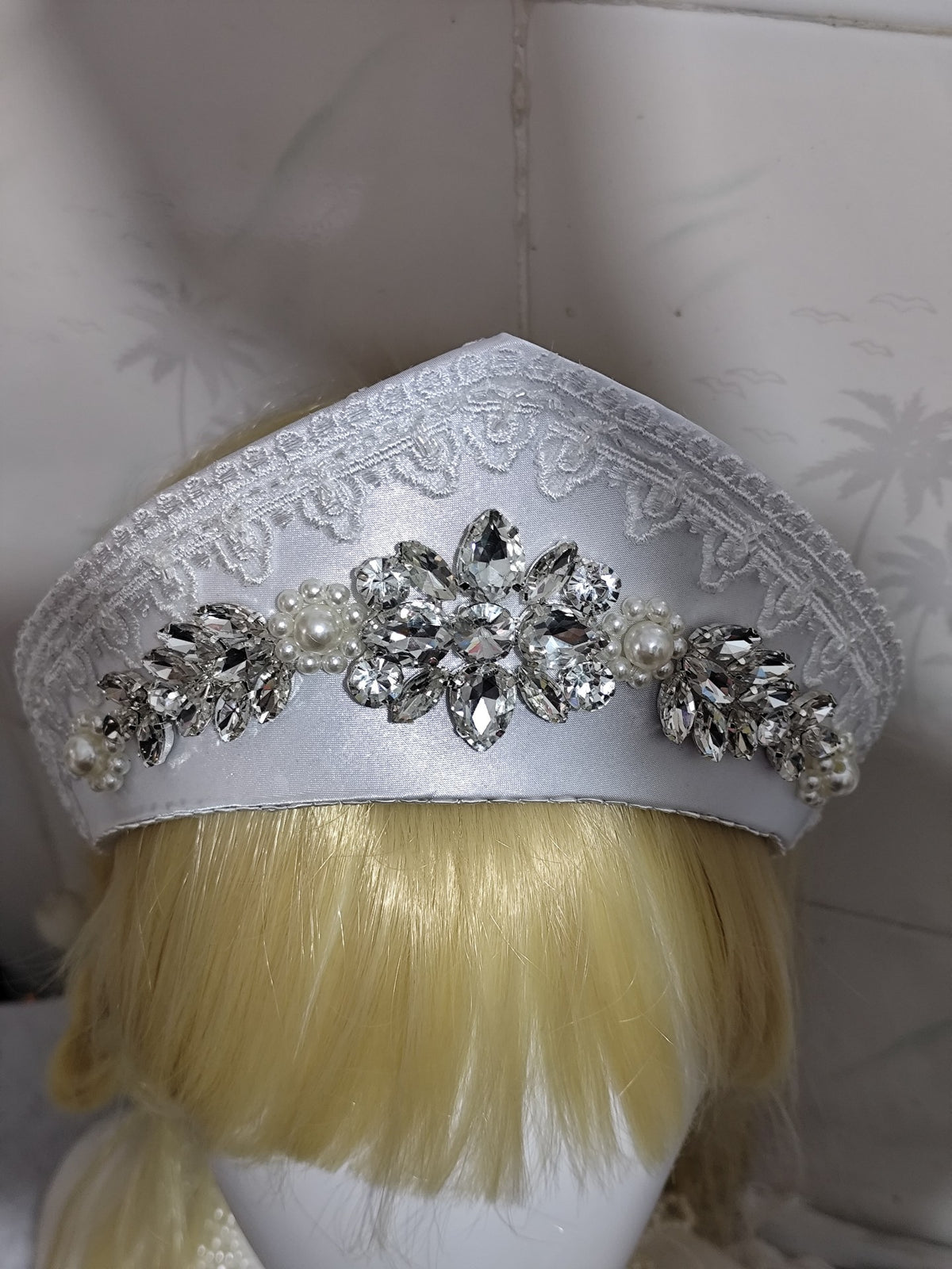 Silver White Lolita Kokoshnik Crown with Rhinestones
