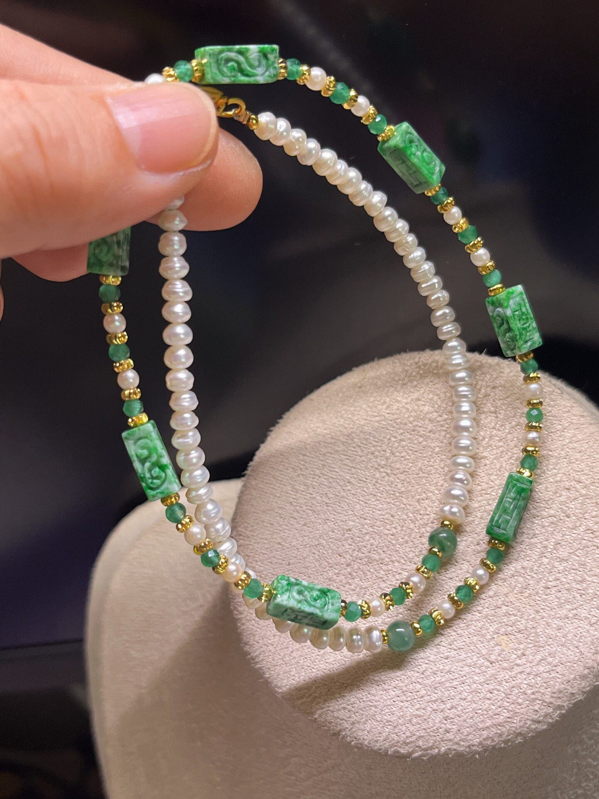 Jadeite Pearl Necklace Carved Beads