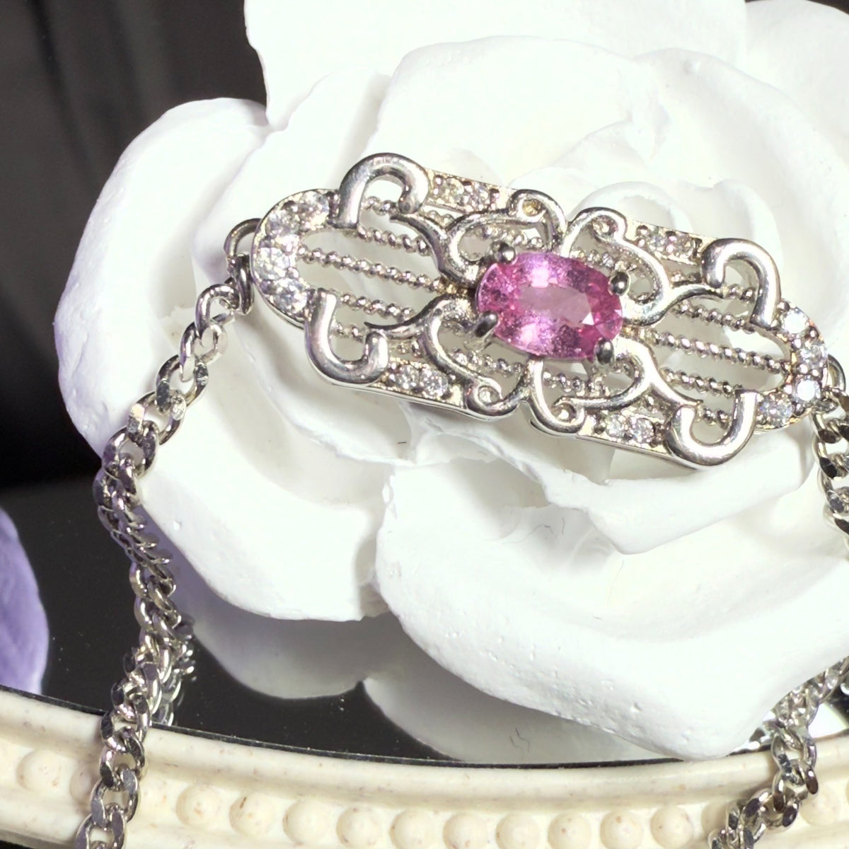Roze Saffier Filigran Armband 925 Zilver